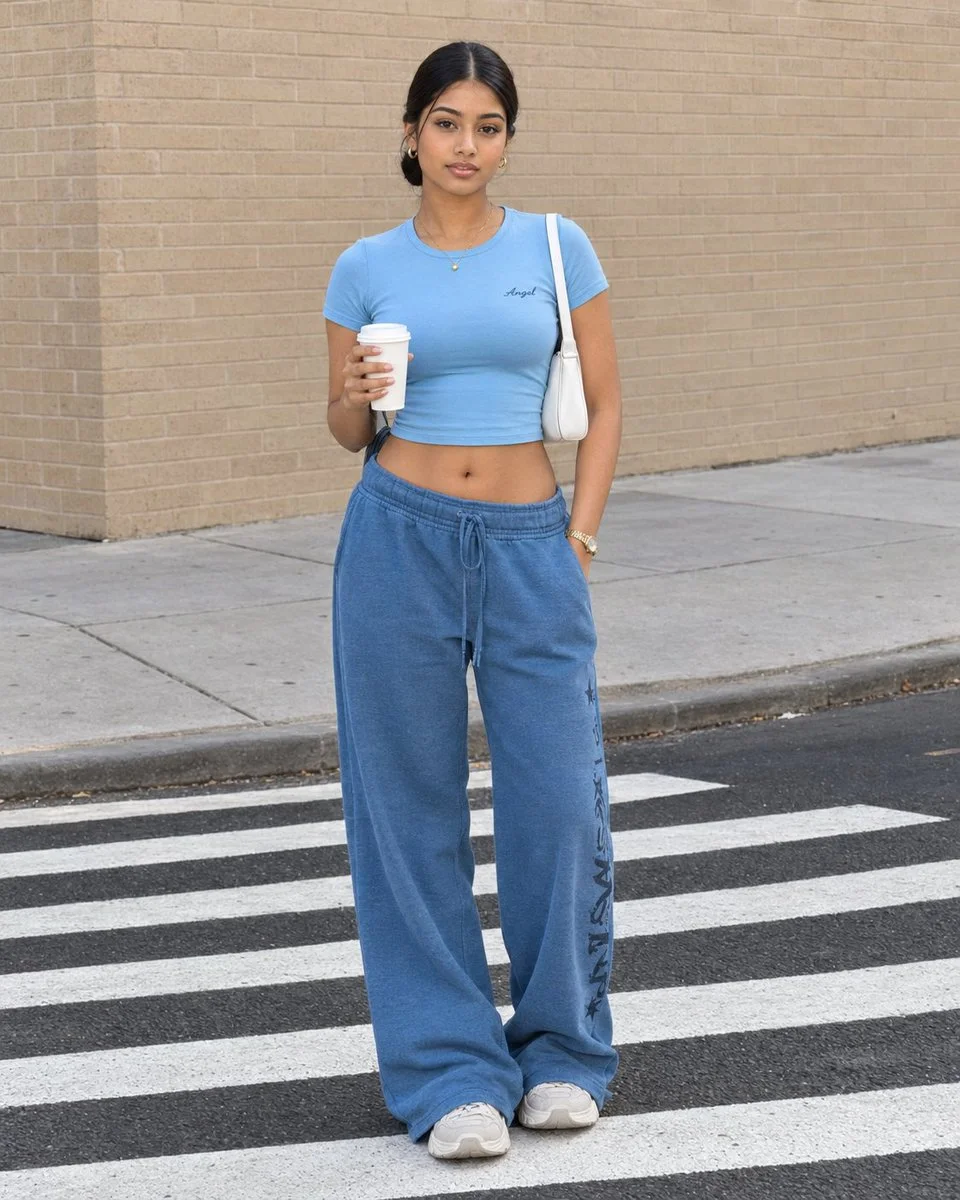 Street-style portrait captures calm confidence on urban crosswalk