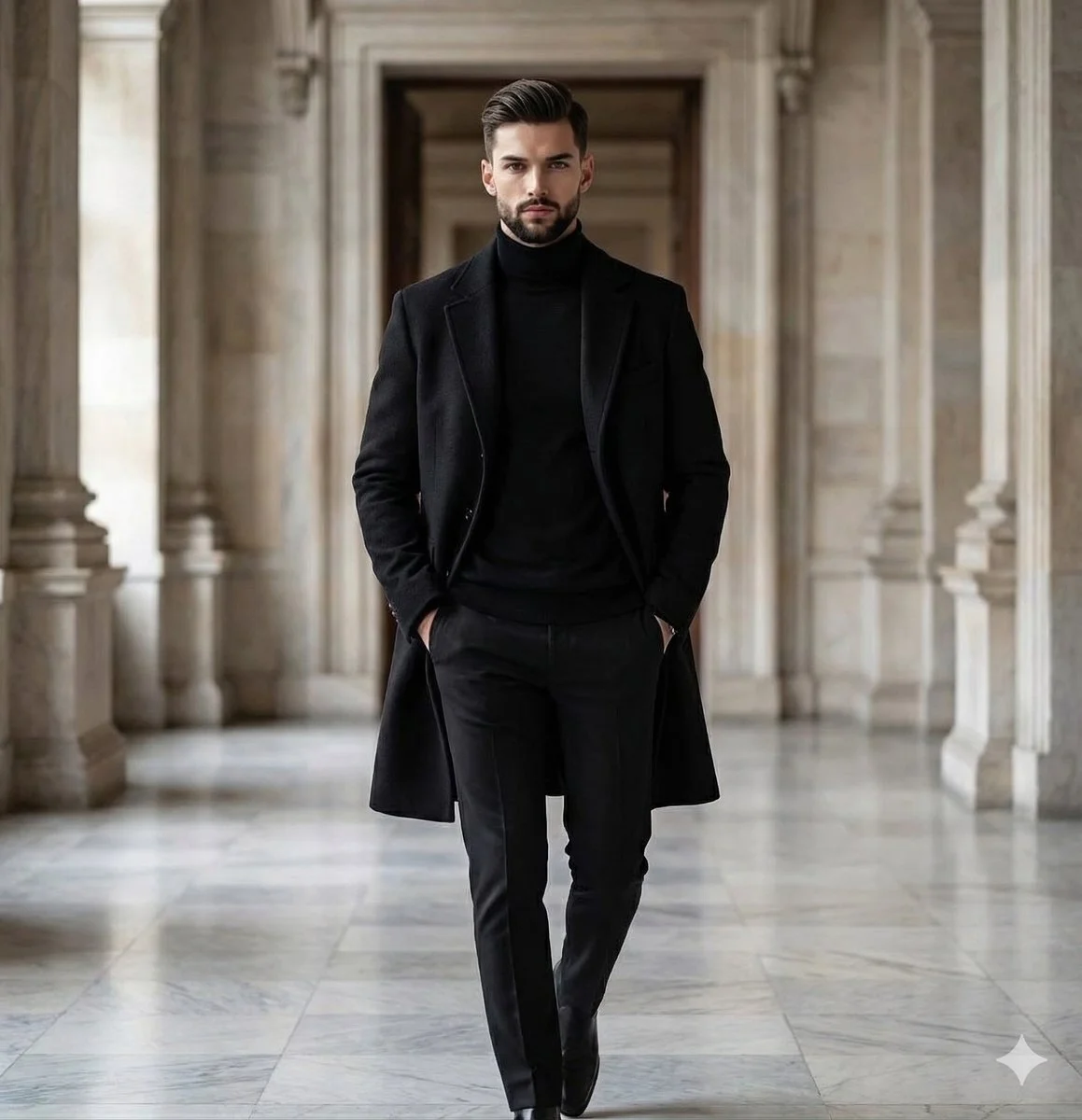 Striking Editorial Portrait of a Male Model in Black Winter Fashion