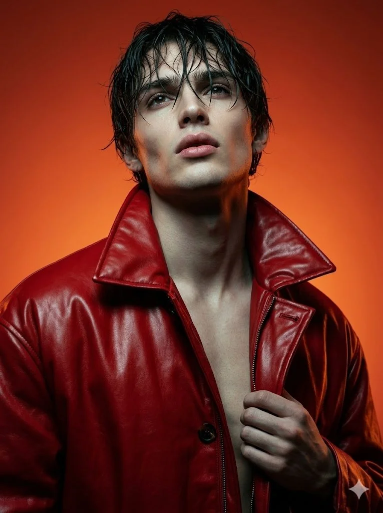 Striking Elegance in a Glossy Red Leather Jacket
