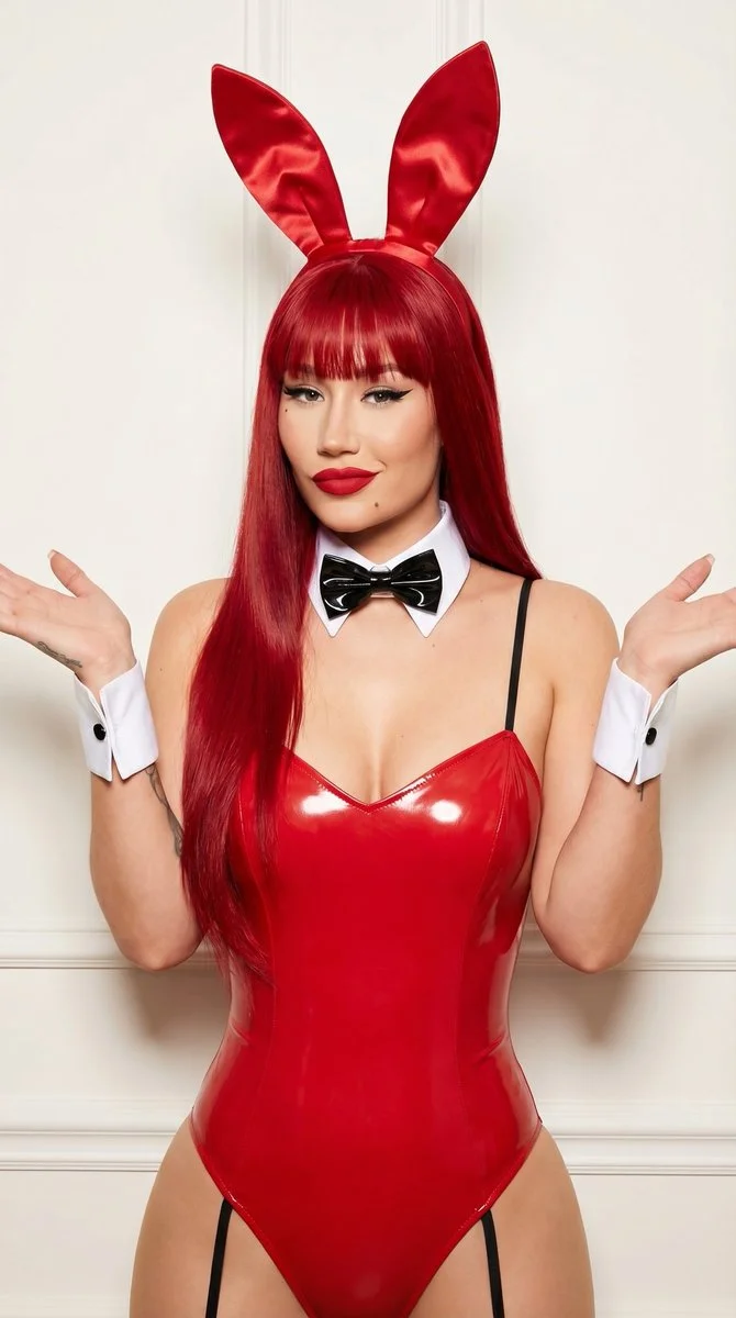 Striking Red Bunny Girl in Glossy Bodysuit with Playful Smirk