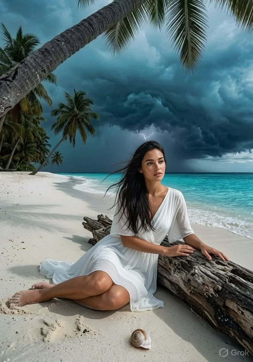 Striking woman in white dress faces stormy sea on beach