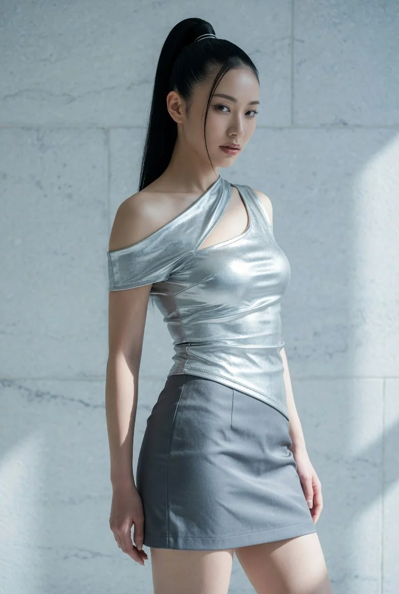 Structured silver top catches light as model stares at camera