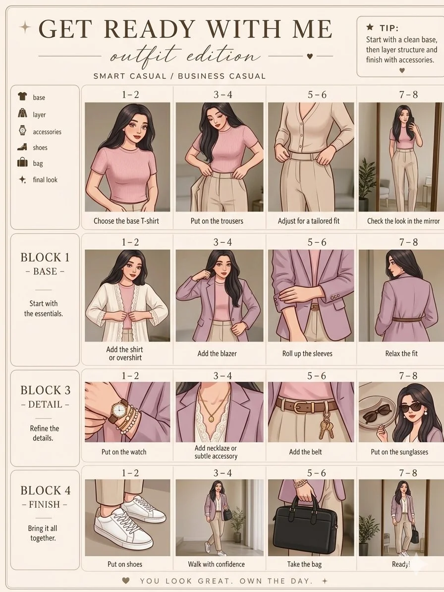 Styling tips for a layered outfit with pastel pink and khaki tones
