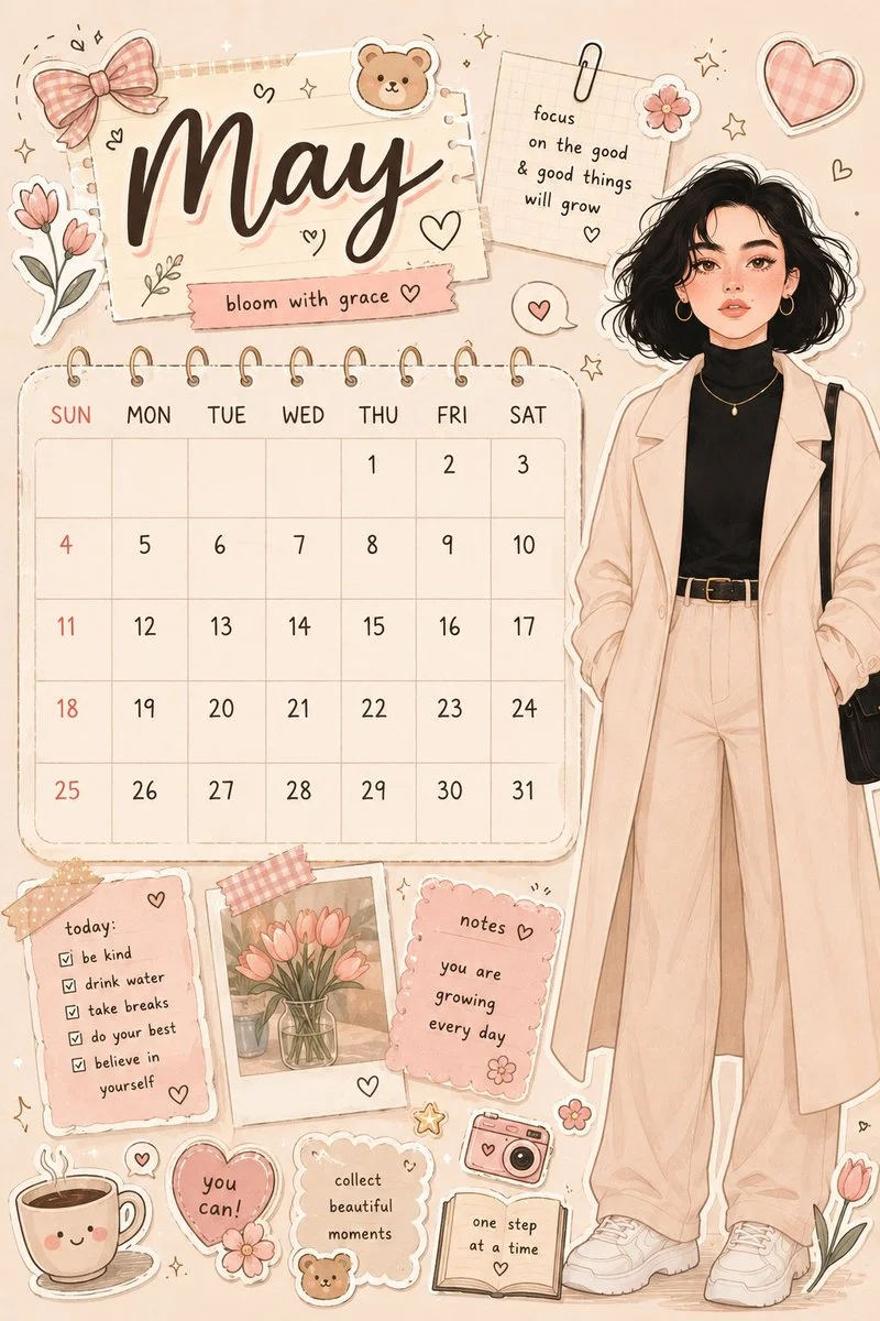 Stylish anime girl poses beside a pastel May calendar