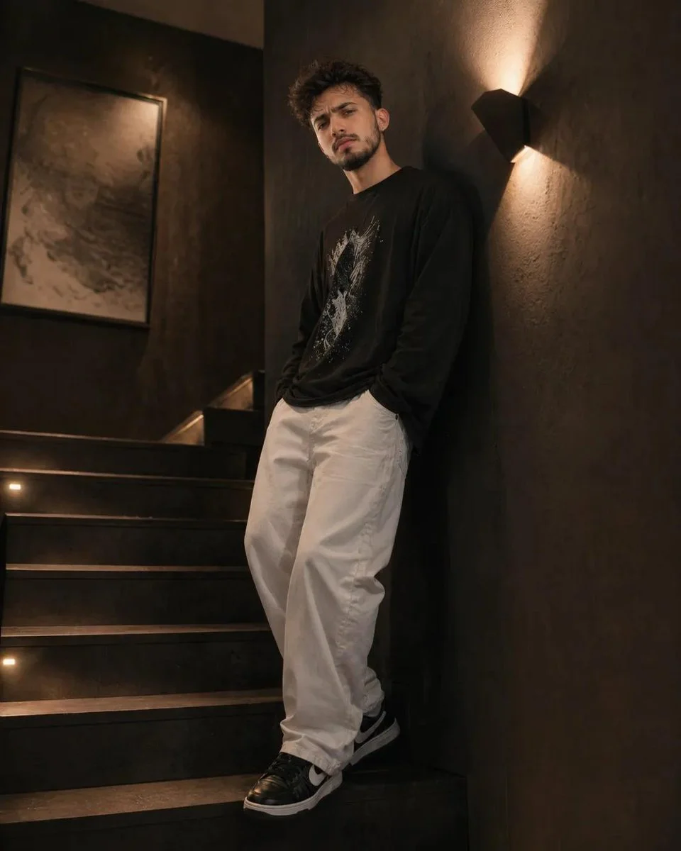 Stylish Casual Stance with Atmospheric Shadows