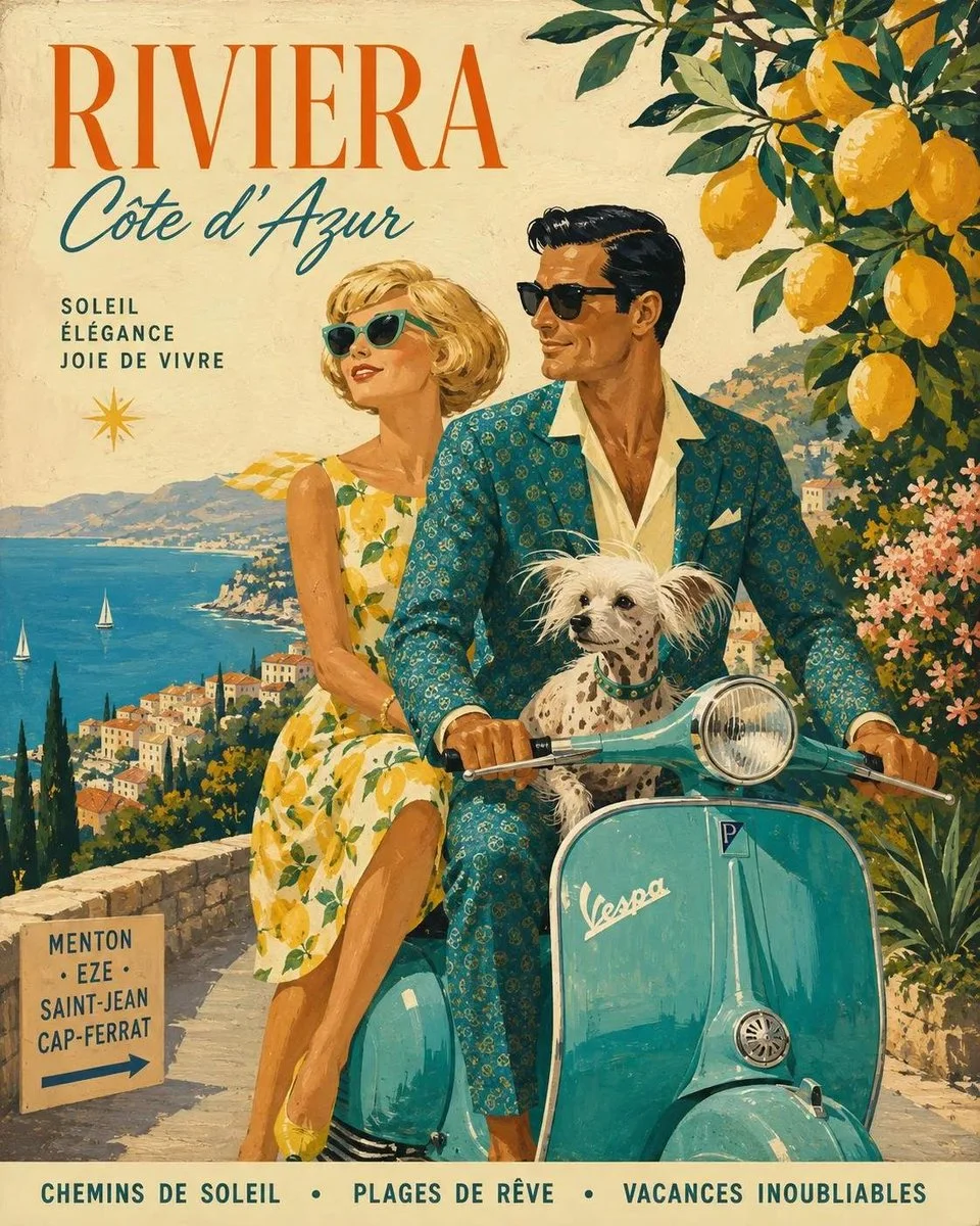 Stylish couple rides vintage scooter through sunlit Mediterranean village