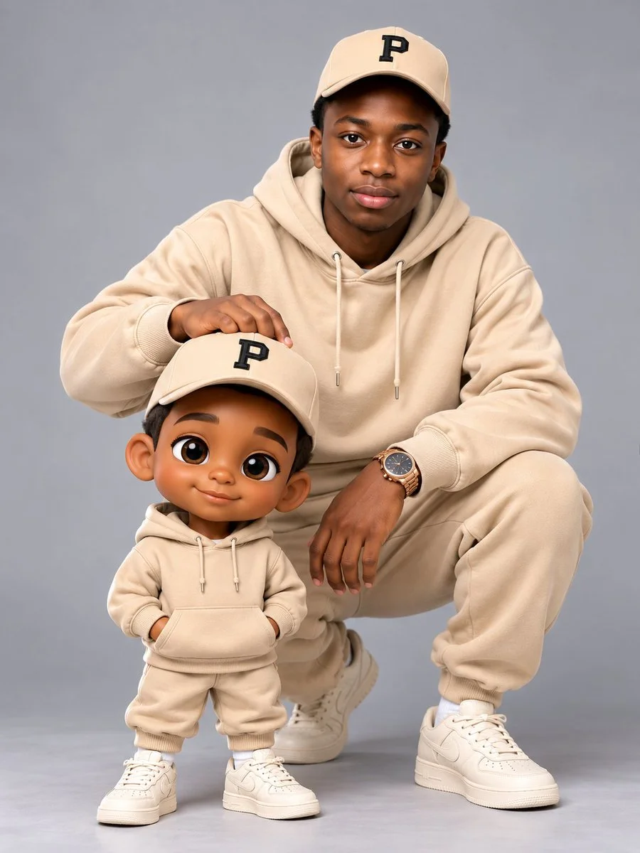 Stylish man crouches behind chibi self in beige studio portrait