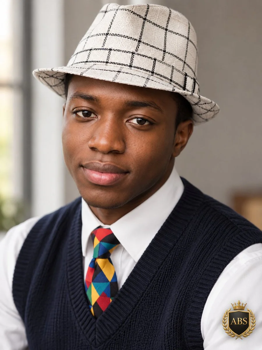 Stylish man in fedora and geometric tie smiles in editorial portrait