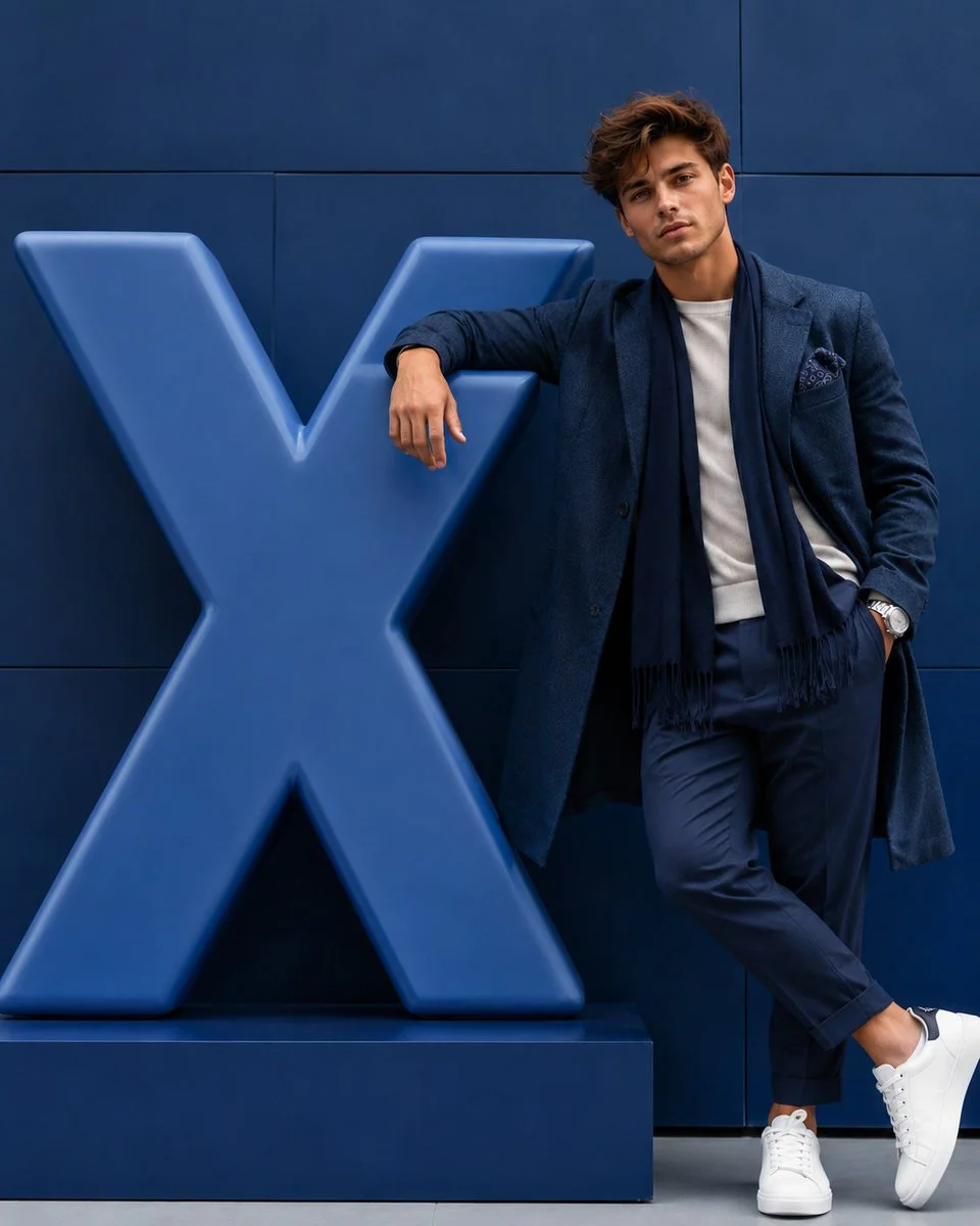Stylish man interacts with oversized minimal Facebook logo in editorial shot
