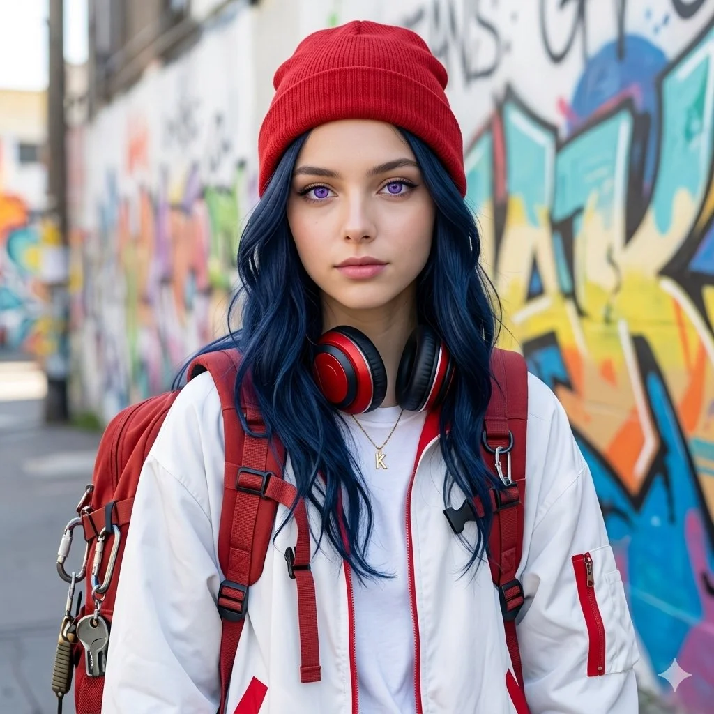 Stylish Streetwear Girl with Dark Blue Waves and Red Accents