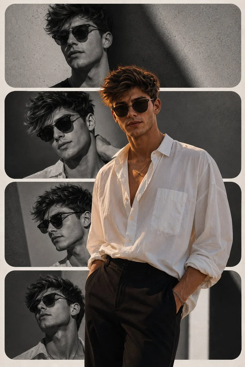 Stylish woman in black and white panels with bold man cutout