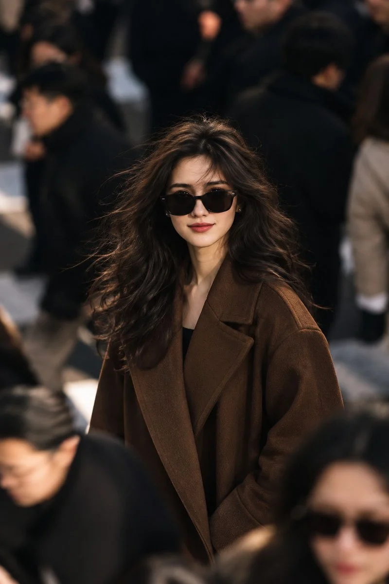 Stylish woman in chocolate coat stands amid busy city crowd
