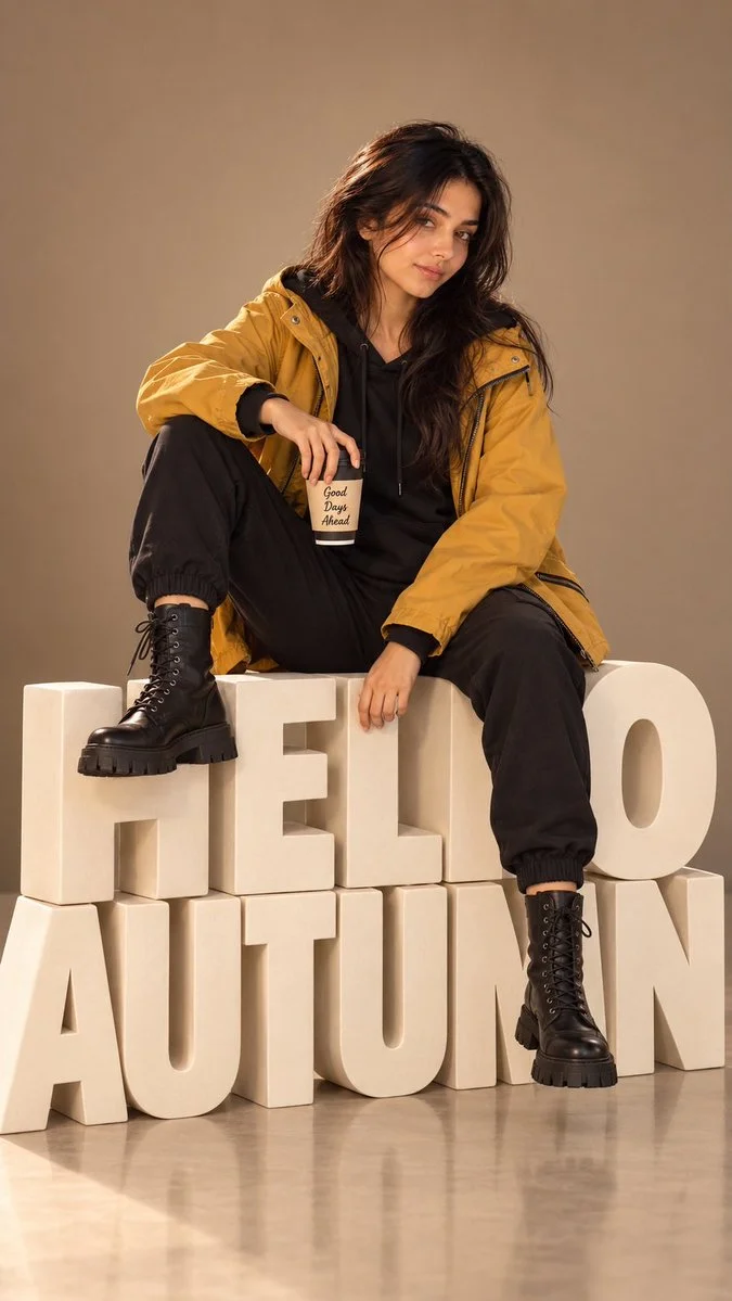 Stylish Woman Poses on 3D HELLO AUTUMN Letters in Studio