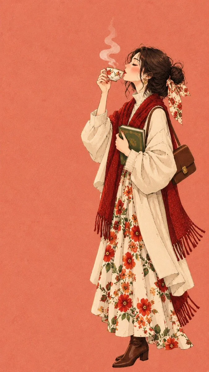 Stylish woman sips tea in vibrant vintage fashion illustration