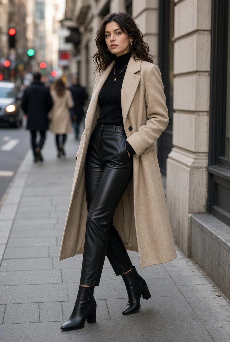 Stylish woman walks city sidewalk in beige wool overcoat