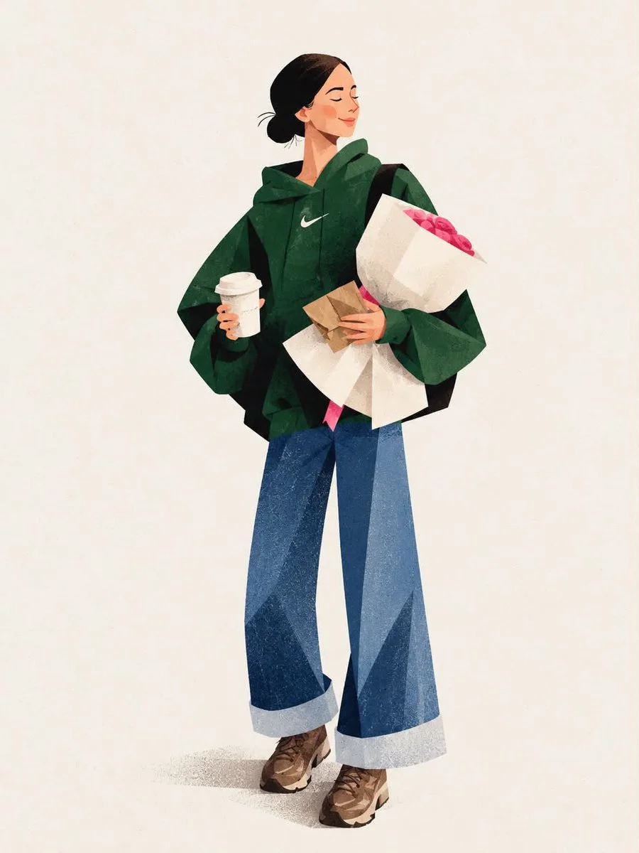 Stylish Woman Walks in Geometric Art with Pink Roses and Coffee