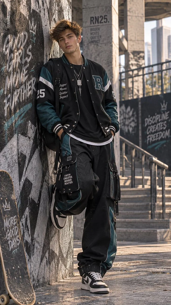 Stylish Young Man Leans Against Graffiti Wall in Urban Fashion Portrait