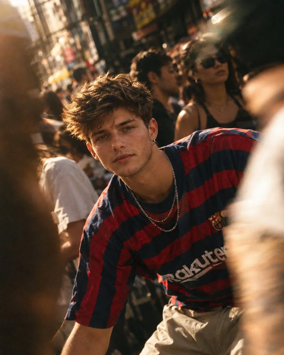 Stylish young man leans into camera amid blurred city crowd at golden hour.