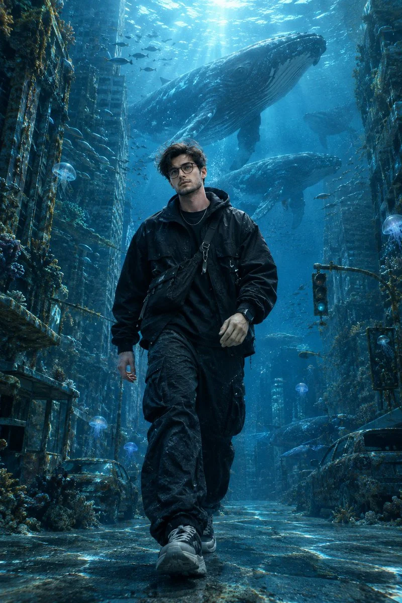 Submerged City Walk Beneath Ocean With Giant Whales