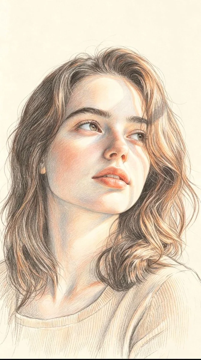 Subtle colored-pencil gradients define this elegant editorial sketch