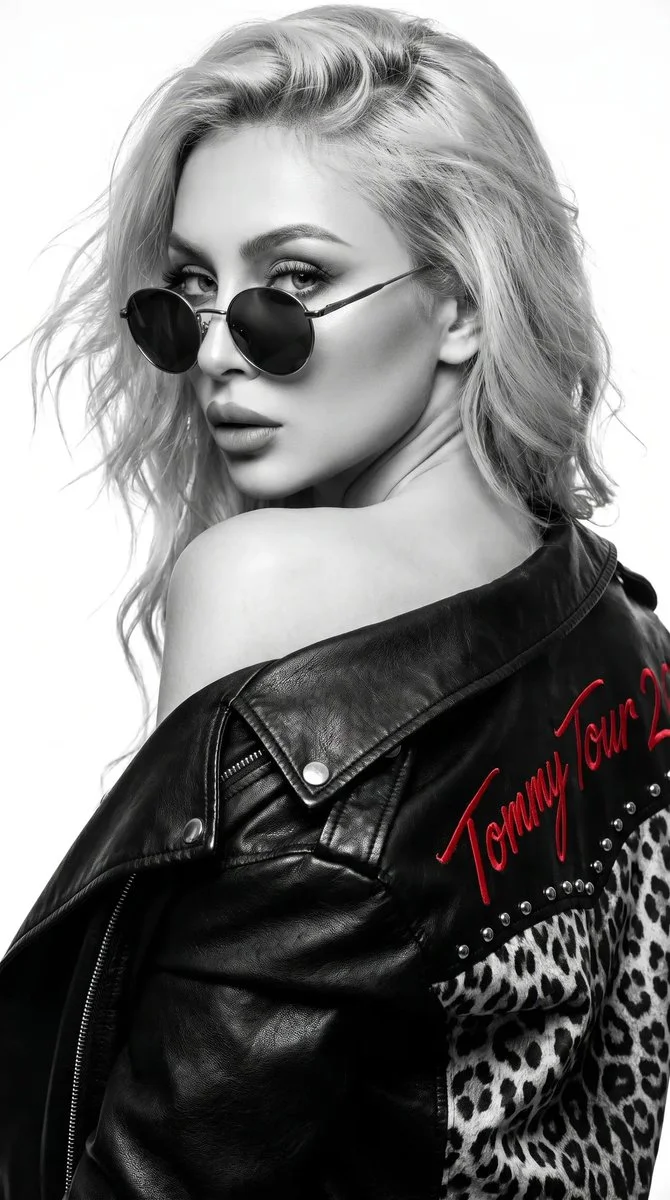Sultry model in oversized biker jacket glances back in dramatic studio light