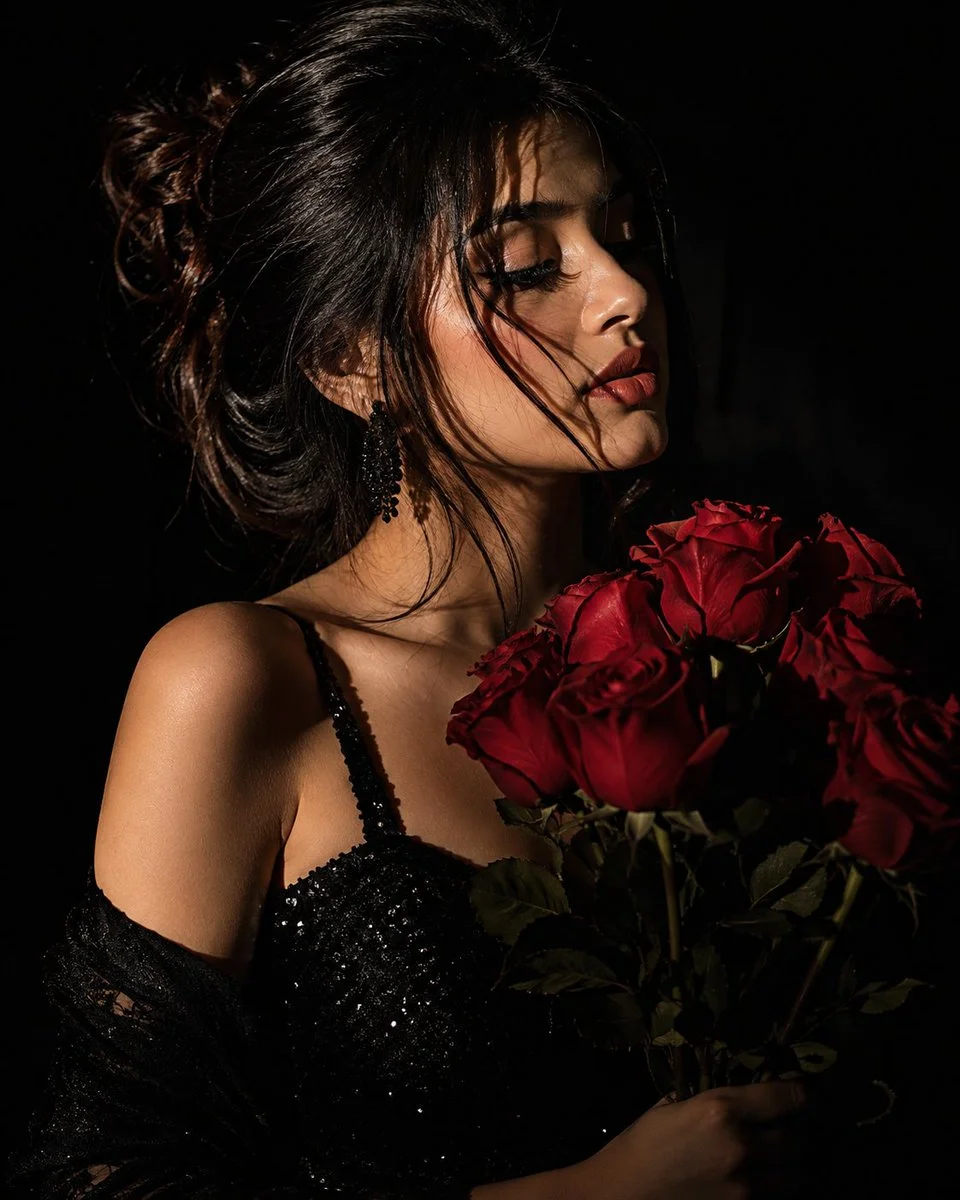 Sultry South Asian woman holds red roses in chiaroscuro light