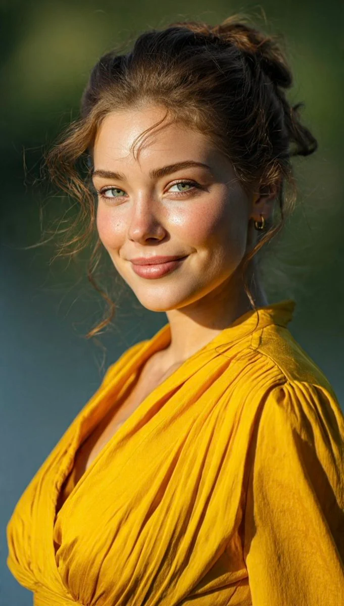 Sun-kissed portrait captures joyful serenity in mustard yellow