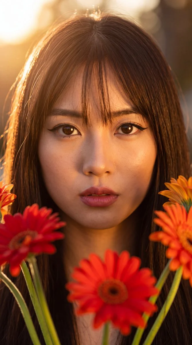Sun-kissed woman with berry lips framed by red gerbera blooms