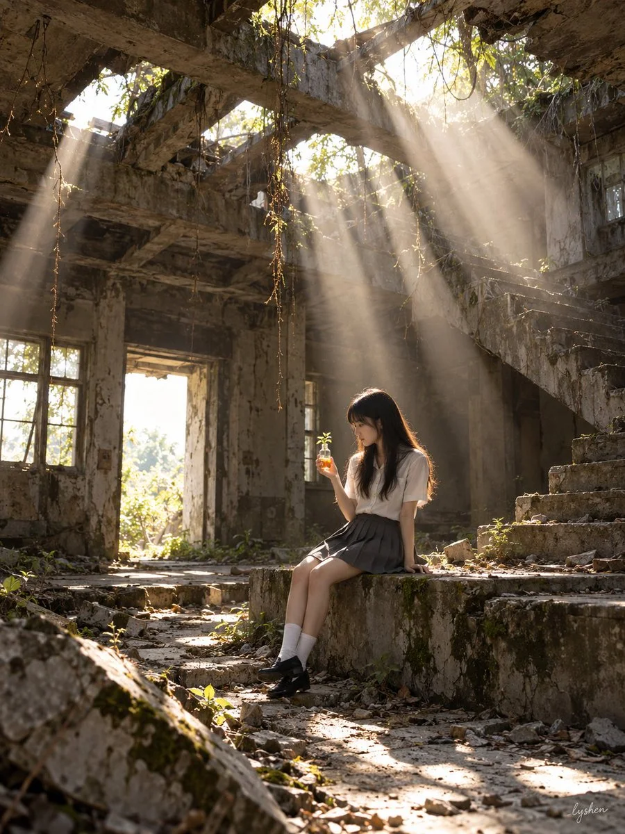 Sunbeams Pierce Broken Roof in Abandoned Building Interior