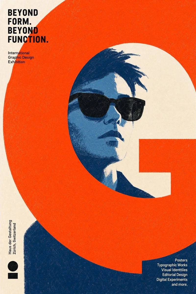 Sunglasses-clad figure framed by bold geometric orange and blue shapes