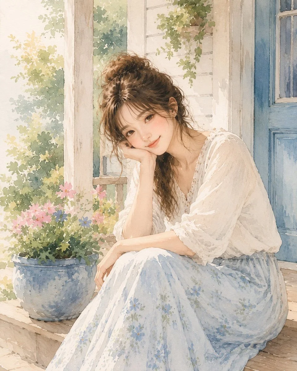 Sunlight bathes a thoughtful woman in a floral skirt on porch