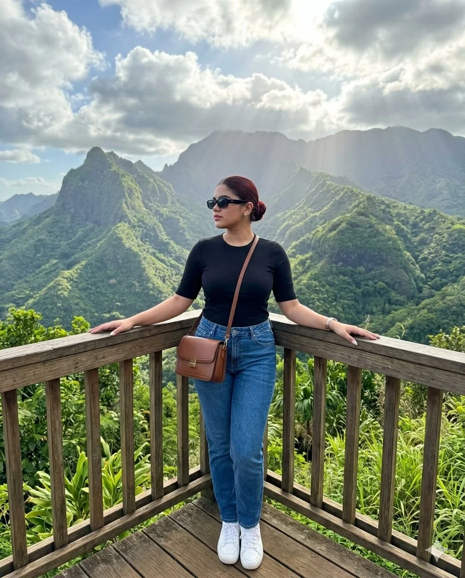 Sunlight breaks through clouds as a woman surveys green mountains.