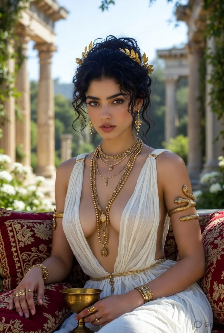 Sunlight illuminates a regal woman with a gold chalice in ruins