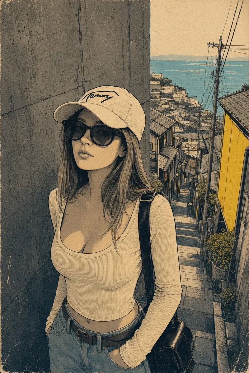 Sunlit anime figure in a sepia-toned alley with mustard accents and grain