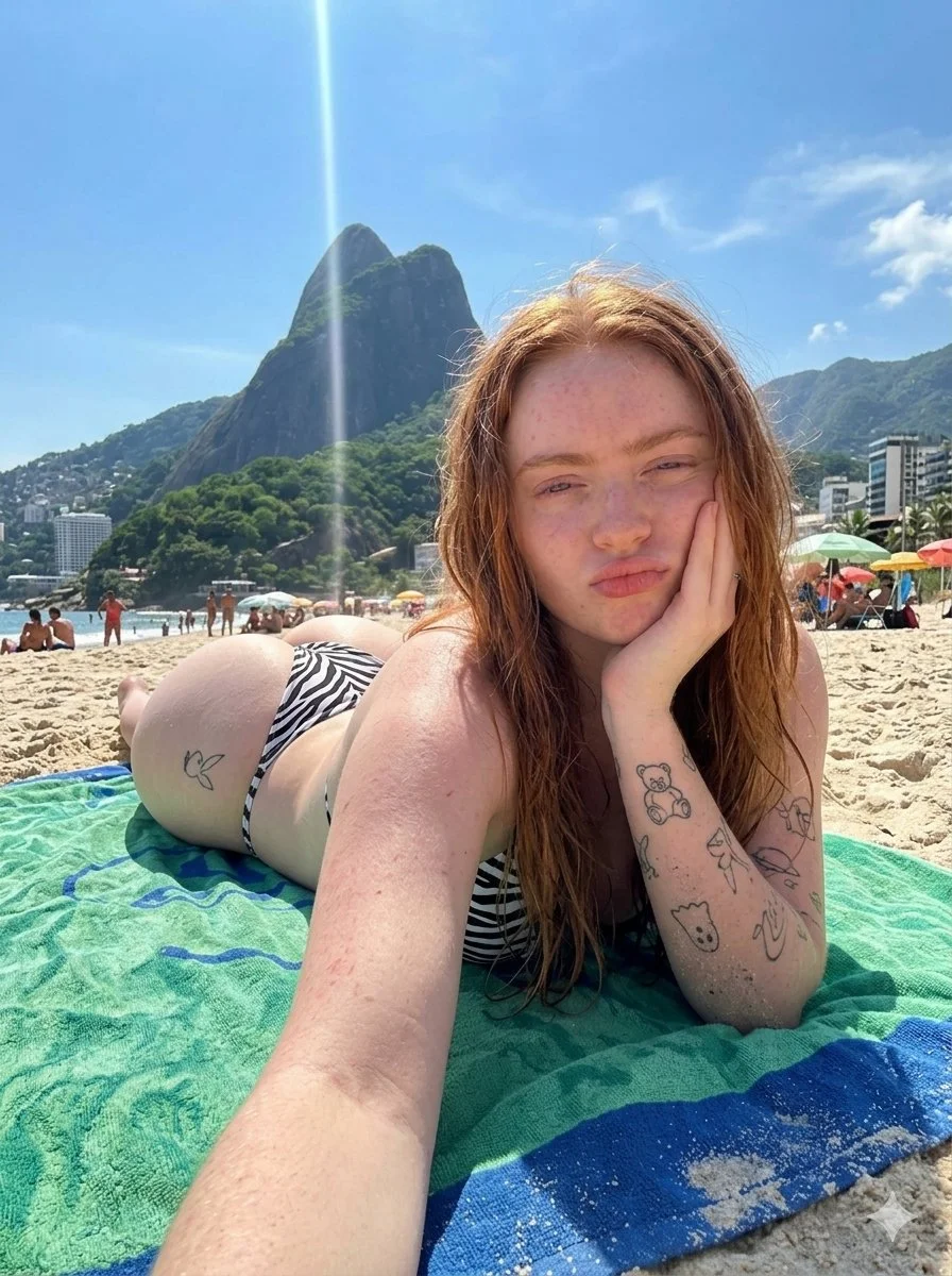 Sunlit Beach Selfie with Distinctive Tattoos and Vibrant Scenery