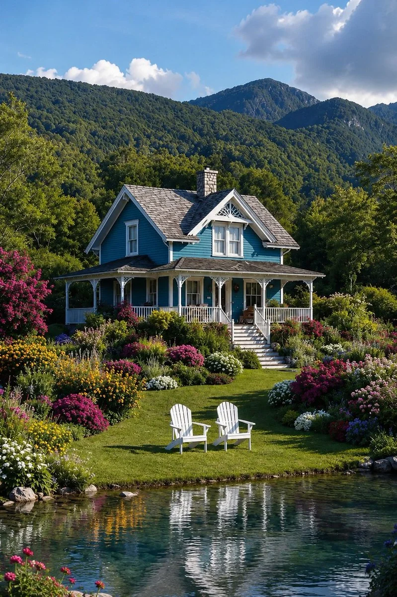 Sunlit blue Victorian farmhouse reflected in still pond beside mountains.