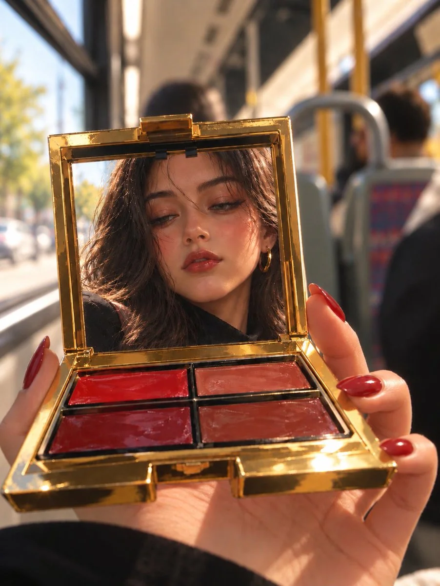 Sunlit bus ride reveals gold compact mirror reflecting dreamy woman's face