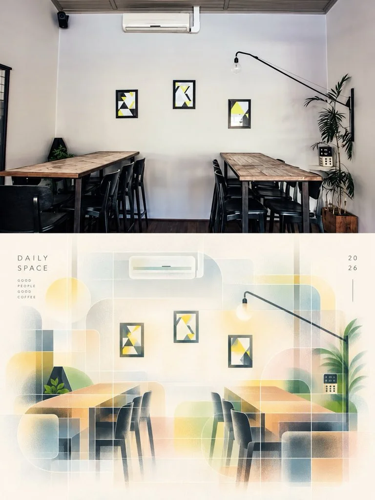 Sunlit café interior with geometric pastel overlays and editorial typography