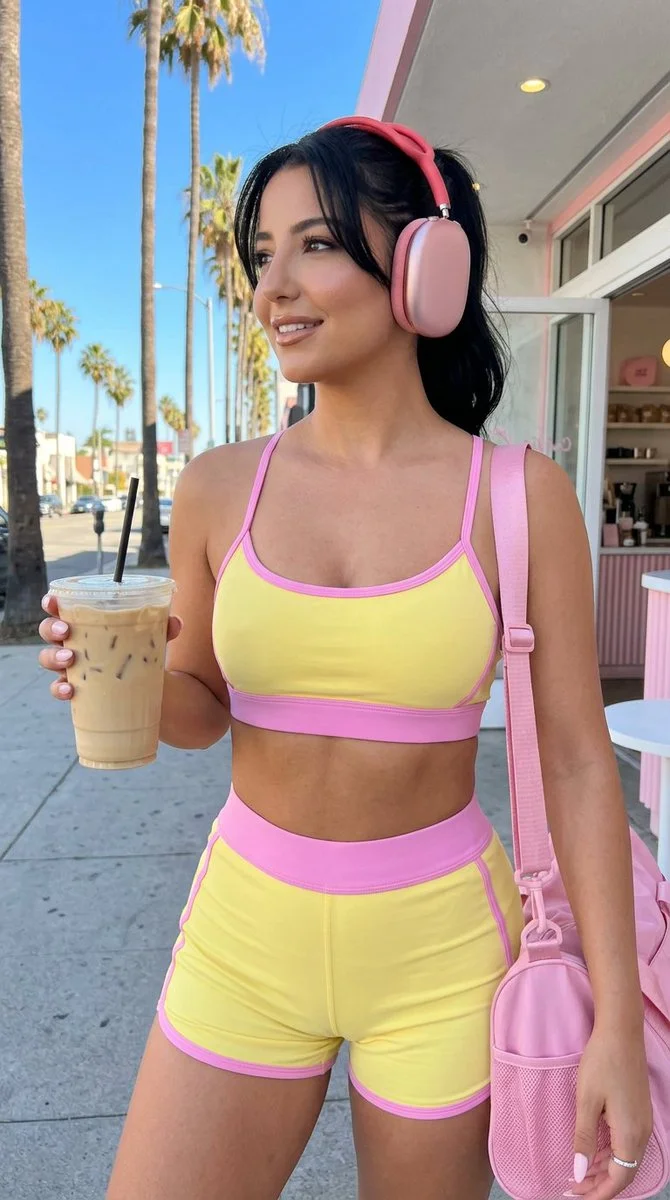Sunlit California street scene with a sporty woman drinking iced latte