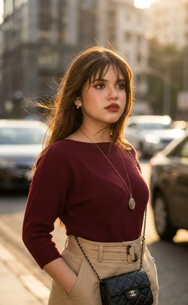 Sunlit city street portrait of a graceful woman with wind-blown hair