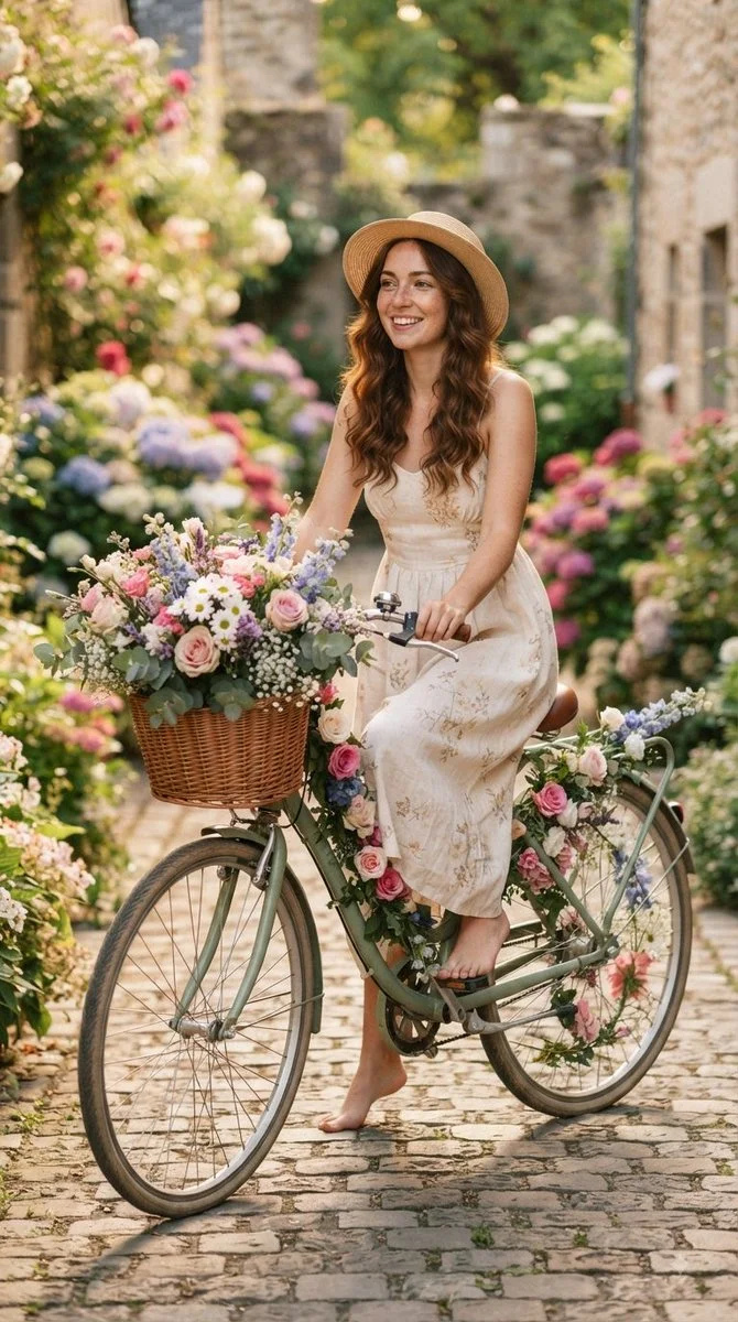 Sunlit cobblestone lane where flower-bedecked bicycle and barefoot rider smile
