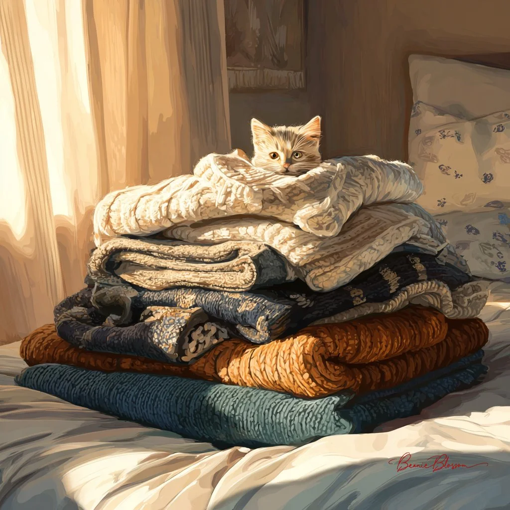 Sunlit Comfort: Kitten in Cozy Laundry