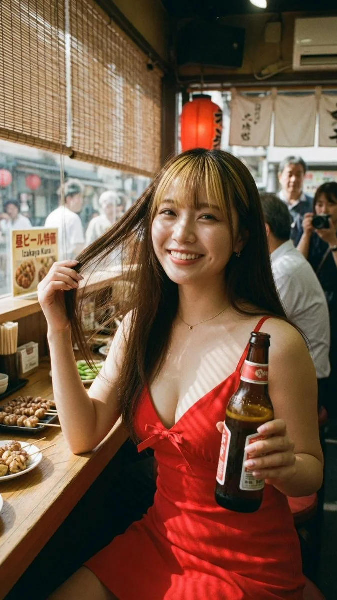 Sunlit Confidence: Woman in Red at a Hong Kong Izakaya