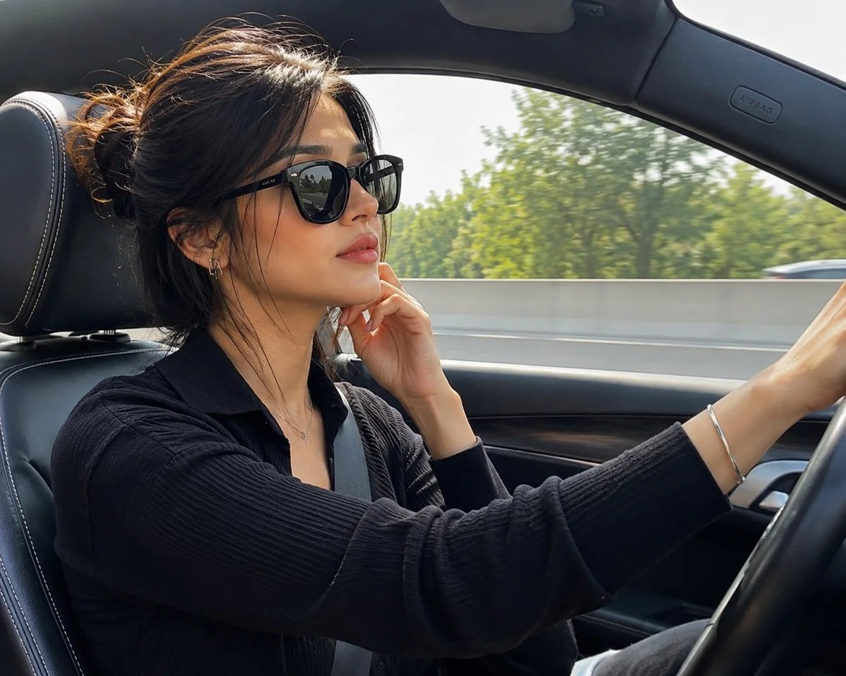 Sunlit drive with black sunglasses and a serene highway view