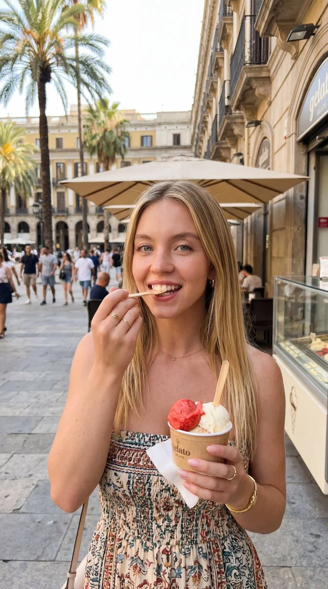 Sunlit Elegance: A Woman Enjoying Gelato on a Sunny European Street