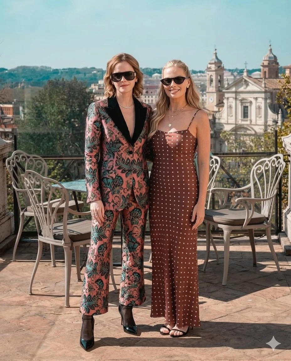 Sunlit Elegance: Emma Watson and Margot Robbie on a Rooftop Terrace