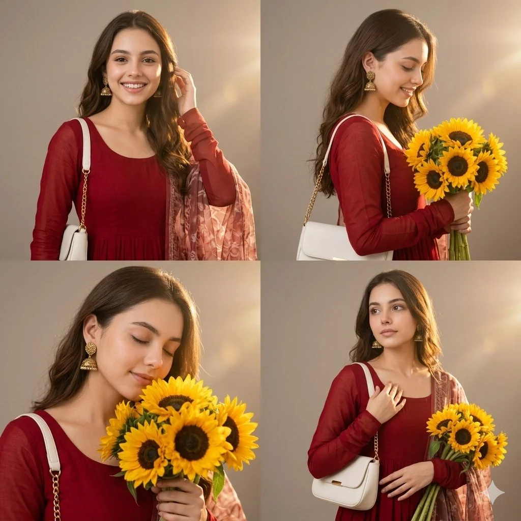 Sunlit Elegance: Four Poses of a Young Indian Woman