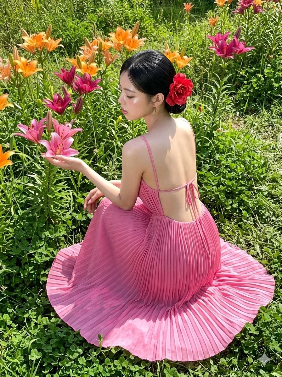 Sunlit Elegance: Vintage Digital Portrait in Pink Gown