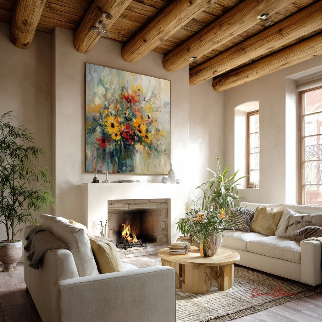 Sunlit Farmhouse Room Highlighting Vibrant Textured Floral Art