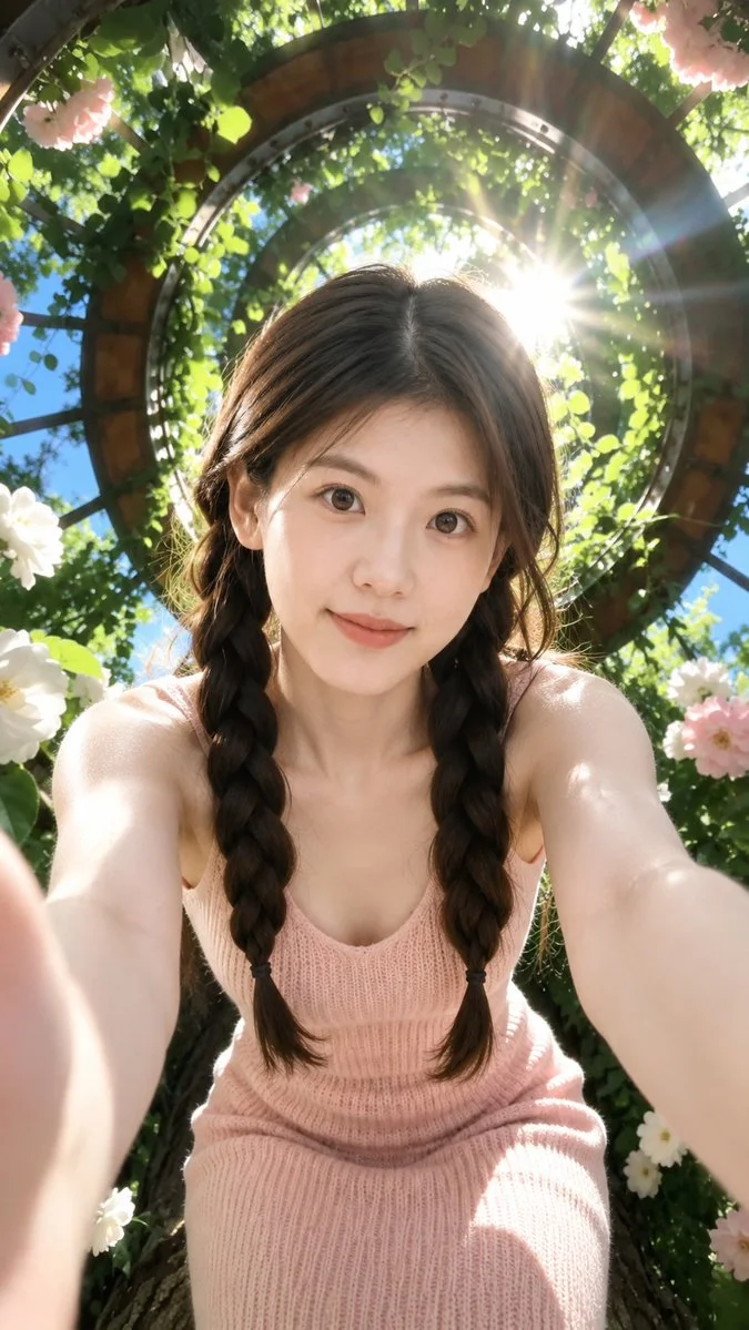 Sunlit garden selfie captures dreamy summer romance through wide-angle lens